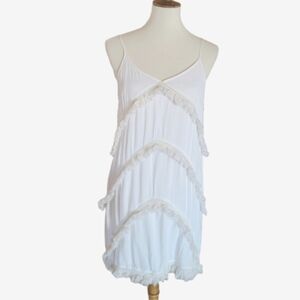 Entro - White with Cream Fringe Tassel Trim Slip Dress